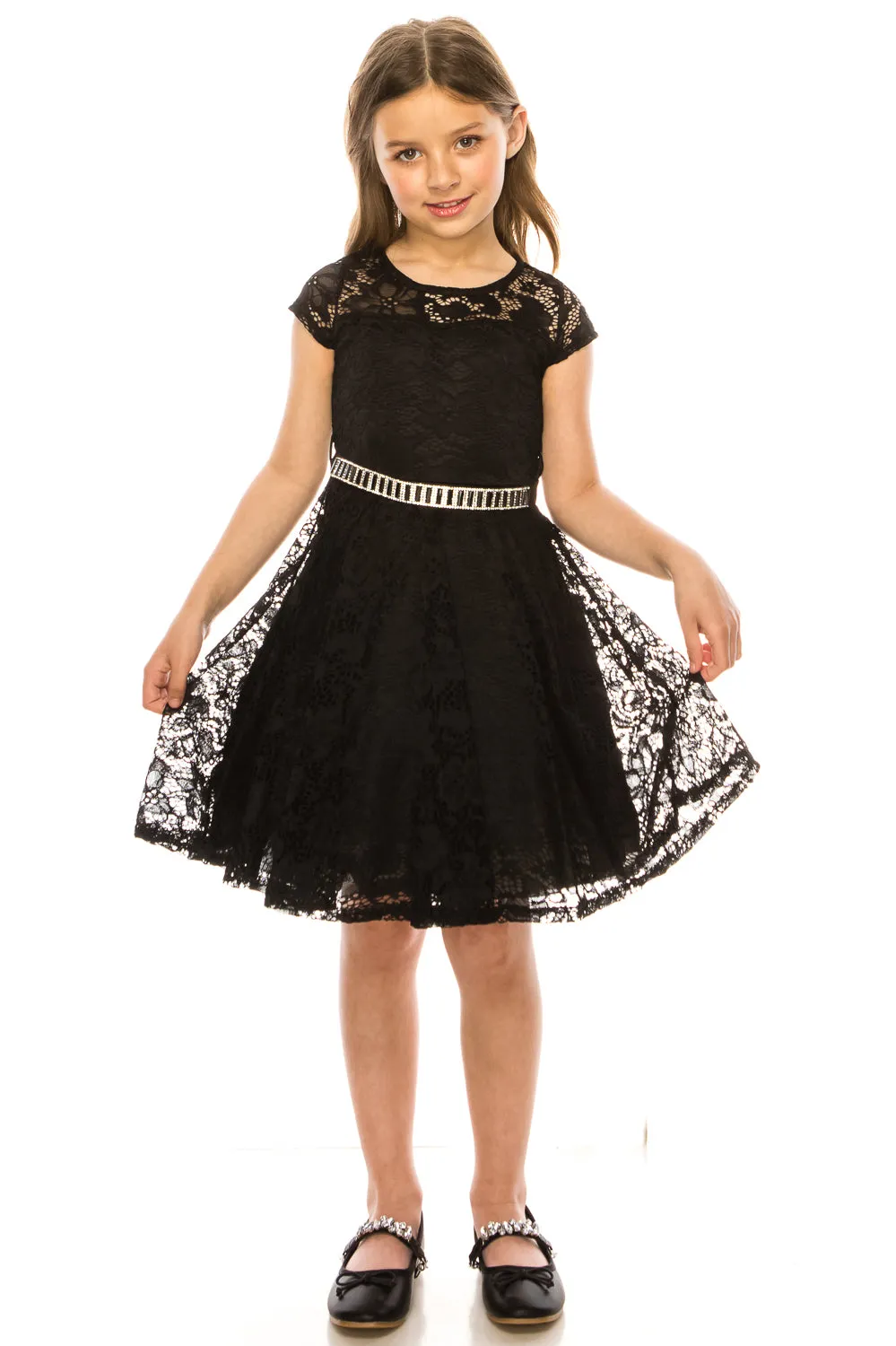 Big Girls Lace Glitter Stone Belt Special Occasion Skater Dress 8-14