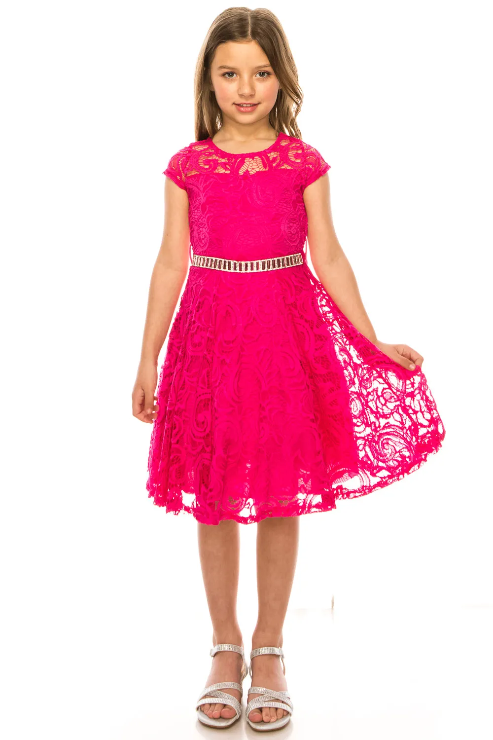 Big Girls Lace Glitter Stone Belt Special Occasion Skater Dress 8-14