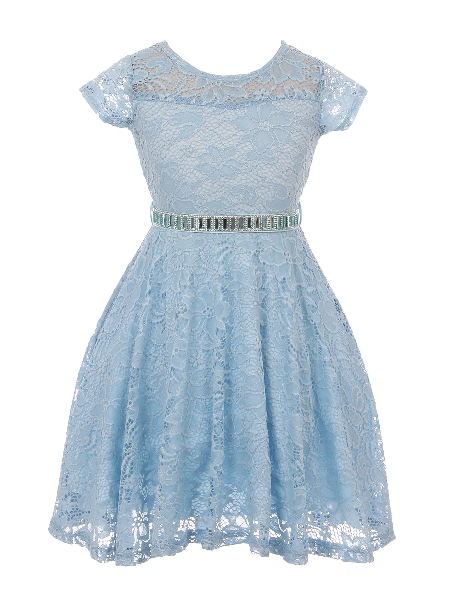 Big Girls Lace Glitter Stone Belt Special Occasion Skater Dress 8-14