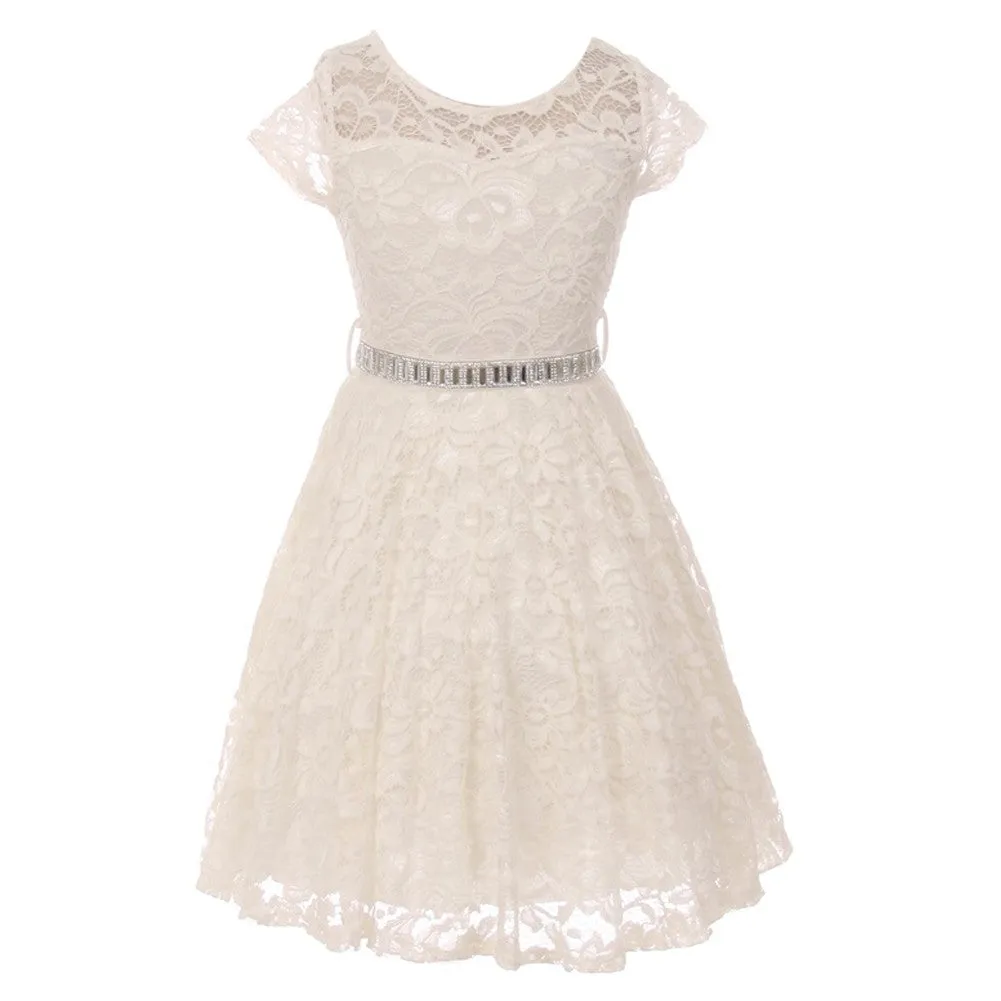 Big Girls Lace Glitter Stone Belt Special Occasion Skater Dress 8-14