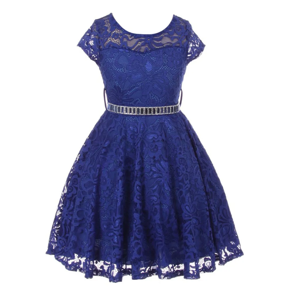 Big Girls Lace Glitter Stone Belt Special Occasion Skater Dress 8-14