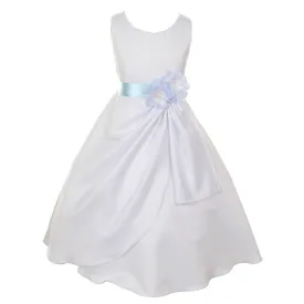 Big Girls White Blue Bridal Dull Satin Sequin Flowers Occasion Dress 8-14