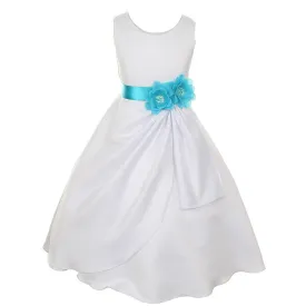 Big Girls White Turquoise Bridal Dull Satin Sequin Flowers Occasion Dress 8-14