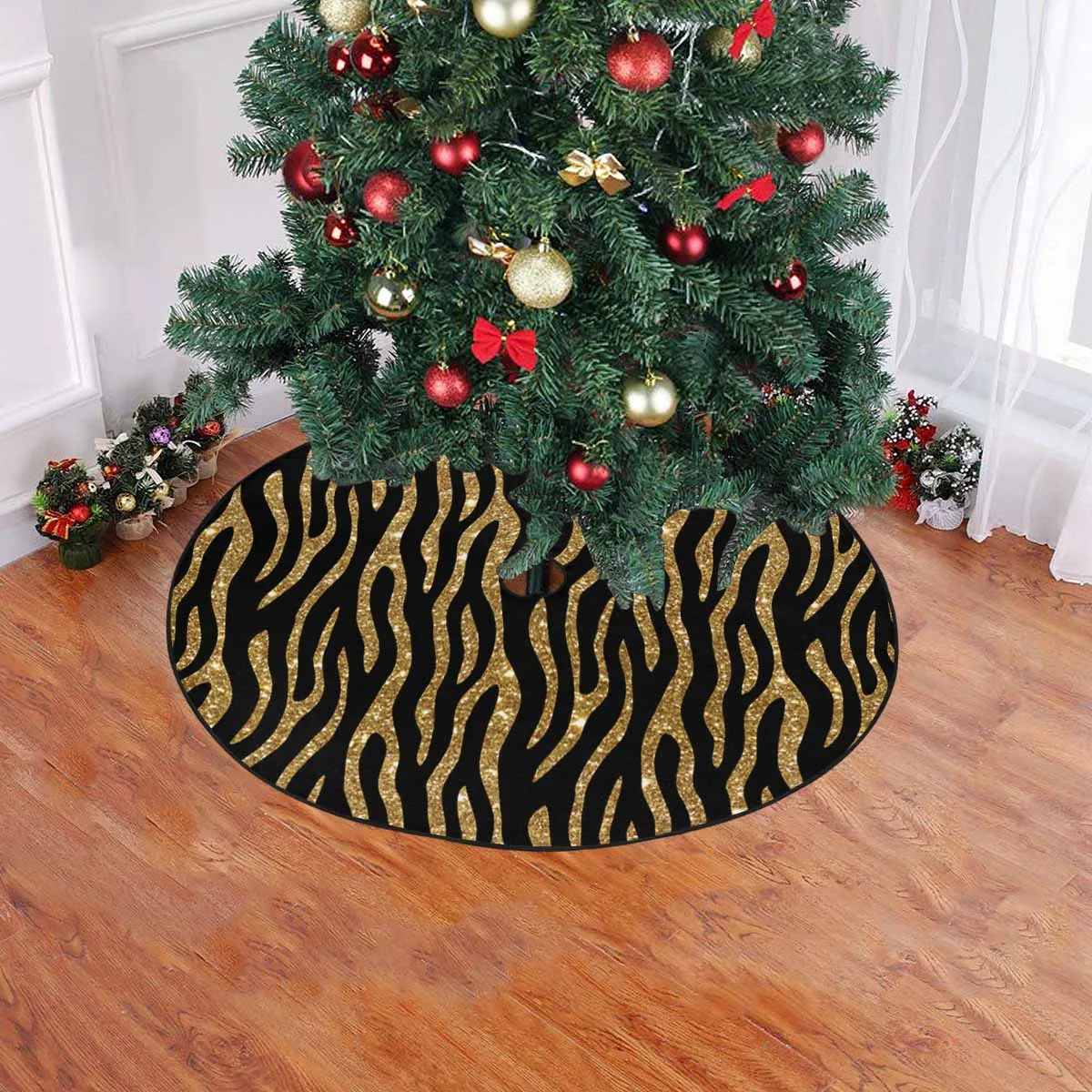 Black and Gold Glitter Leopard Print  Christmas Tree Skirt