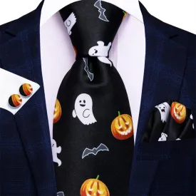 Black and Orange Halloween Necktie Set with Ghost and Jack-O'-Lantern Design