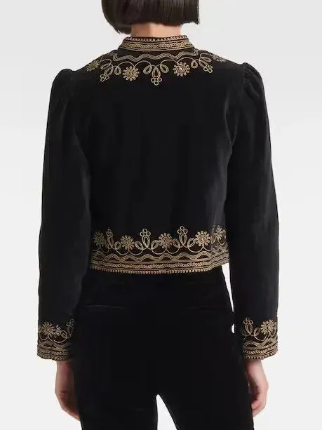 Black Cropped Velvet Jacket with Gold Embroidery