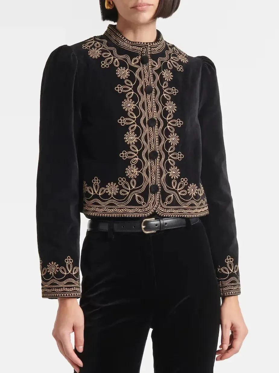 Black Cropped Velvet Jacket with Gold Embroidery