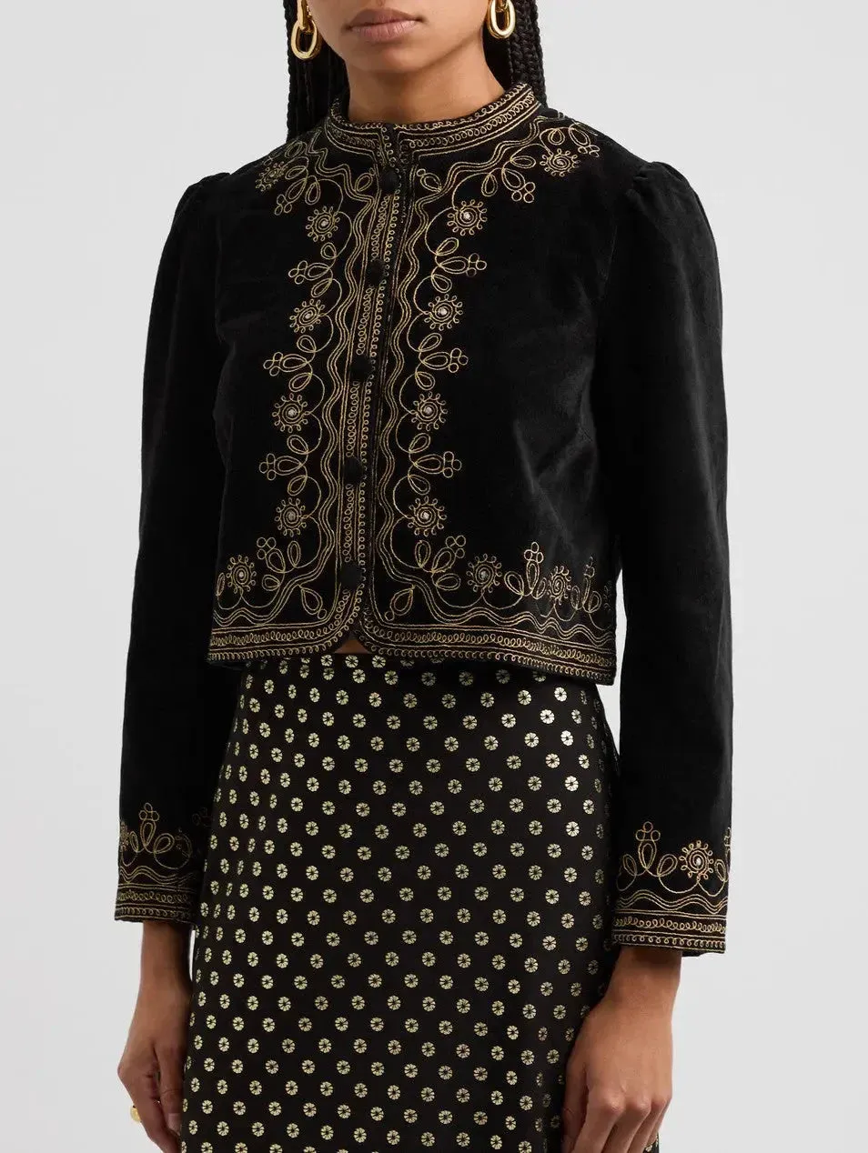 Black Cropped Velvet Jacket with Gold Embroidery