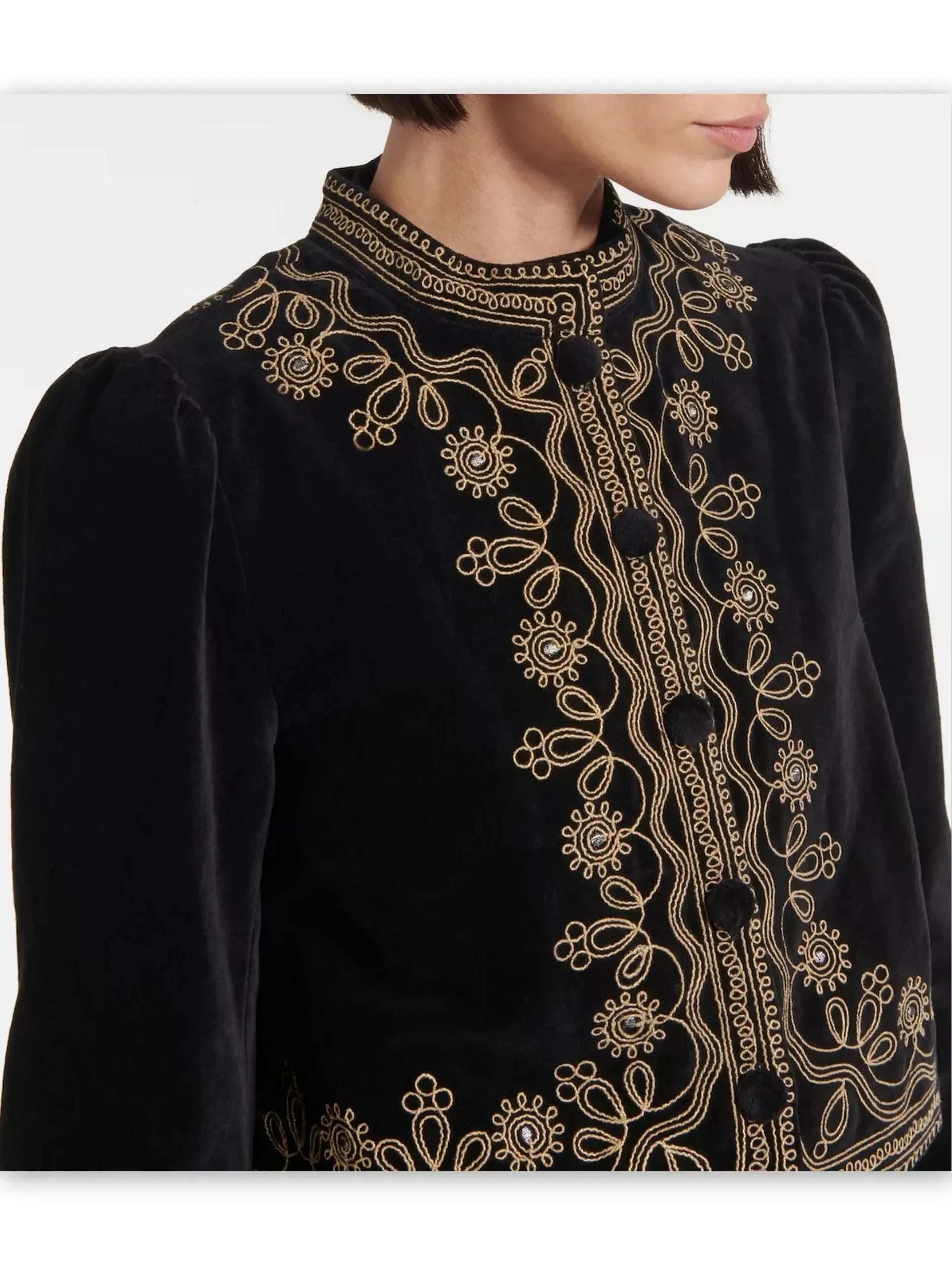 Black Cropped Velvet Jacket with Gold Embroidery