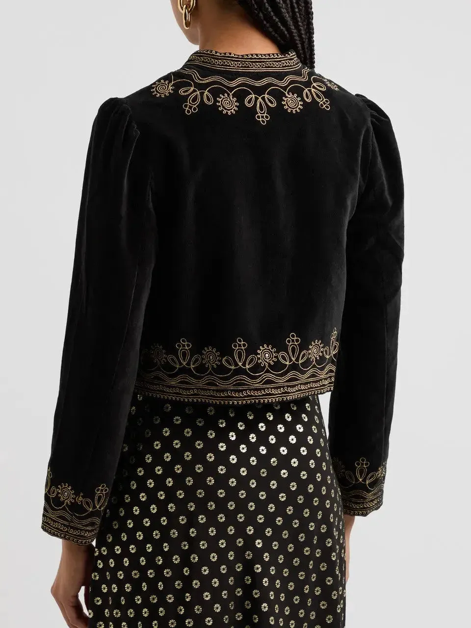 Black Cropped Velvet Jacket with Gold Embroidery