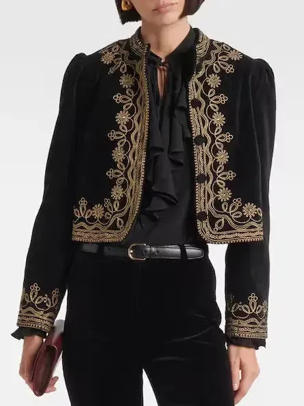 Black Cropped Velvet Jacket with Gold Embroidery