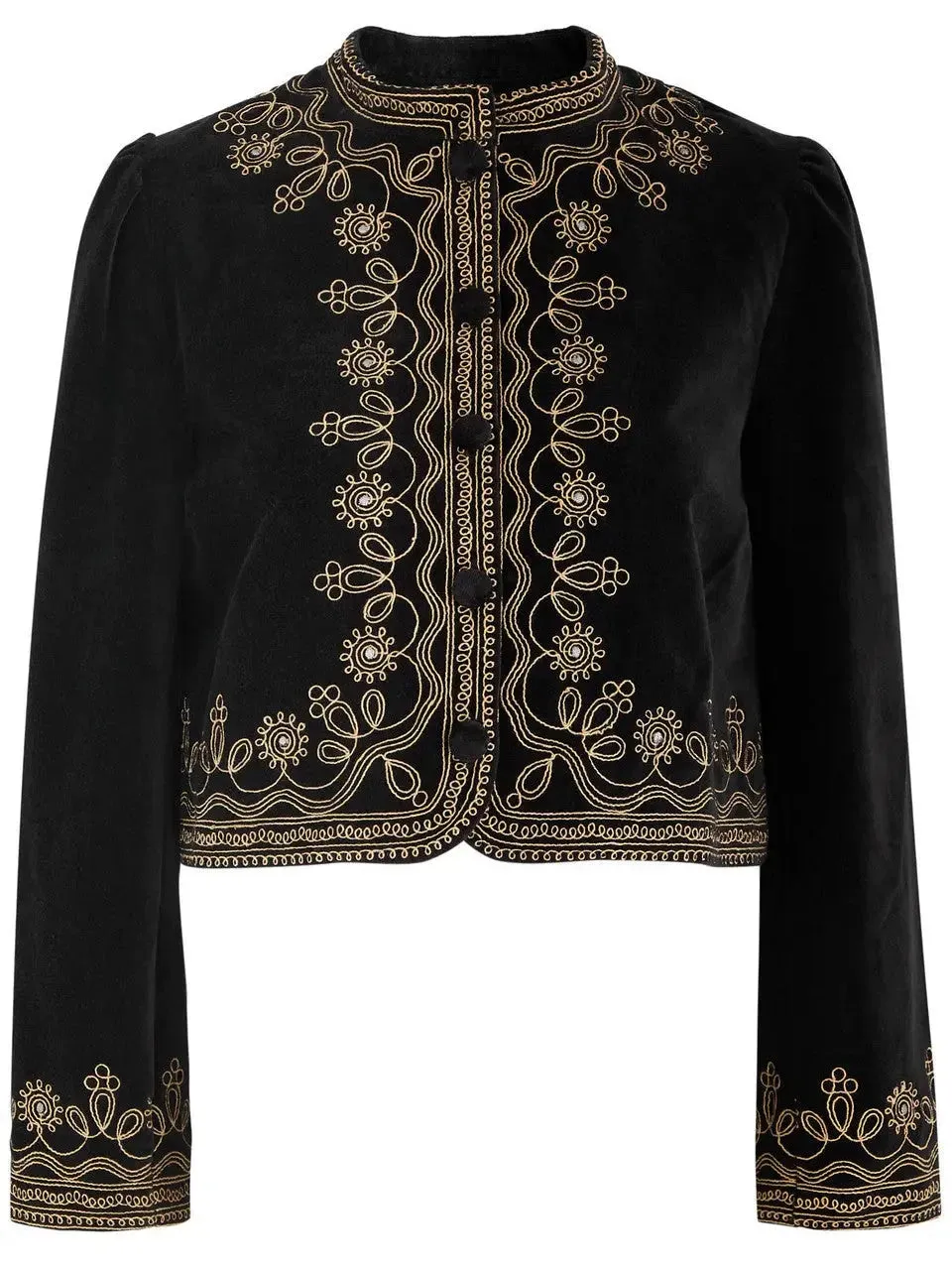 Black Cropped Velvet Jacket with Gold Embroidery