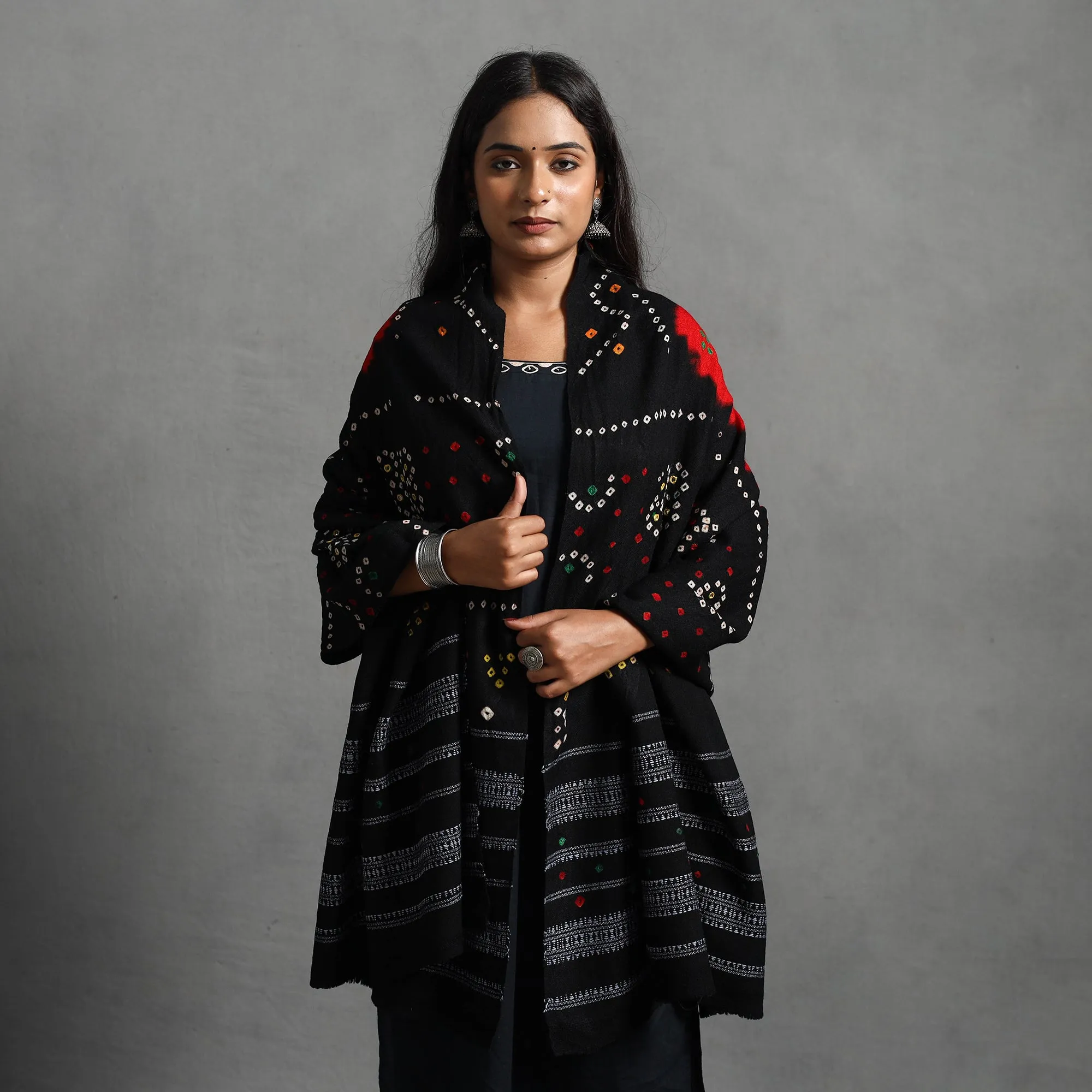 Black - Kutch Mirror Work Handwoven Bandhani Bagida Woolen Shawl 10