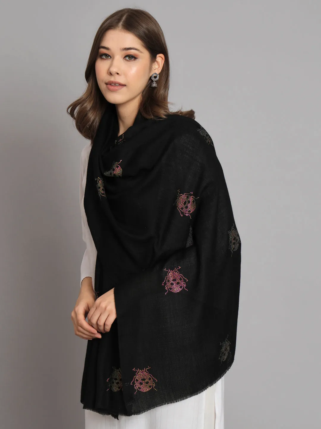 Black Shawl with swarovski catterpillars an ideal woolen shawl