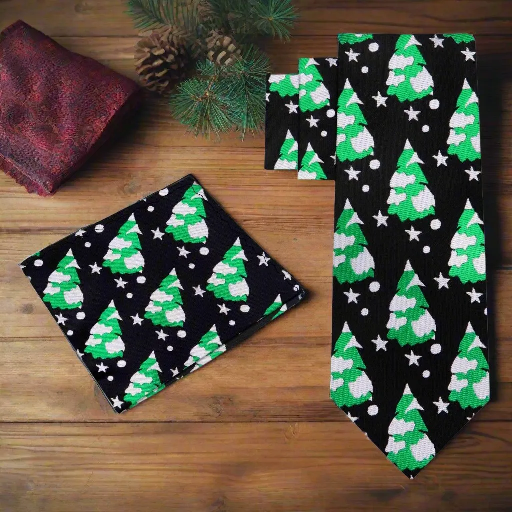 Black Silk with Green Grey Snowy Christmas Trees Necktie