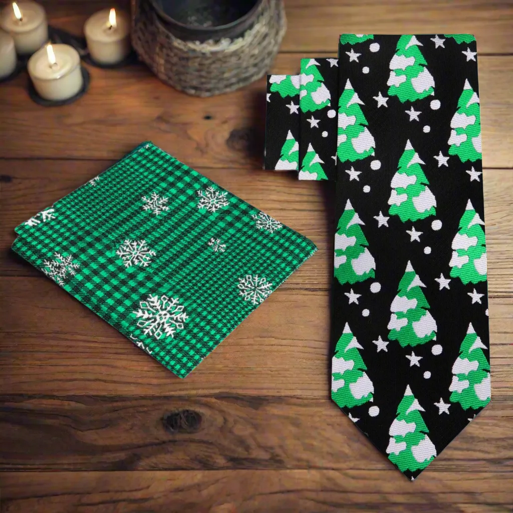 Black Silk with Green Grey Snowy Christmas Trees Necktie