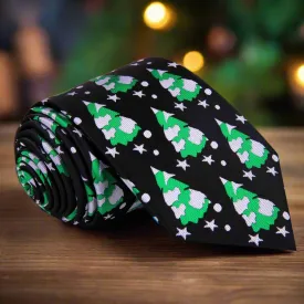 Black Silk with Green Grey Snowy Christmas Trees Necktie