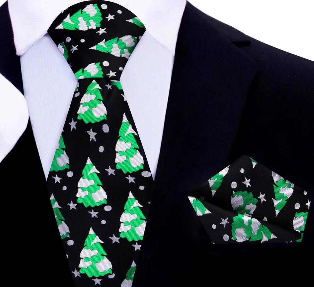 Black Silk with Green Grey Snowy Christmas Trees Necktie