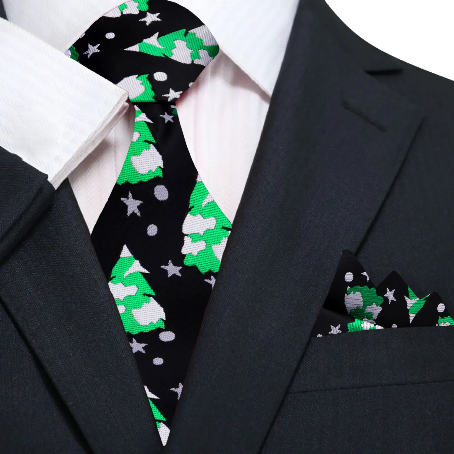 Black Silk with Green Grey Snowy Christmas Trees Necktie