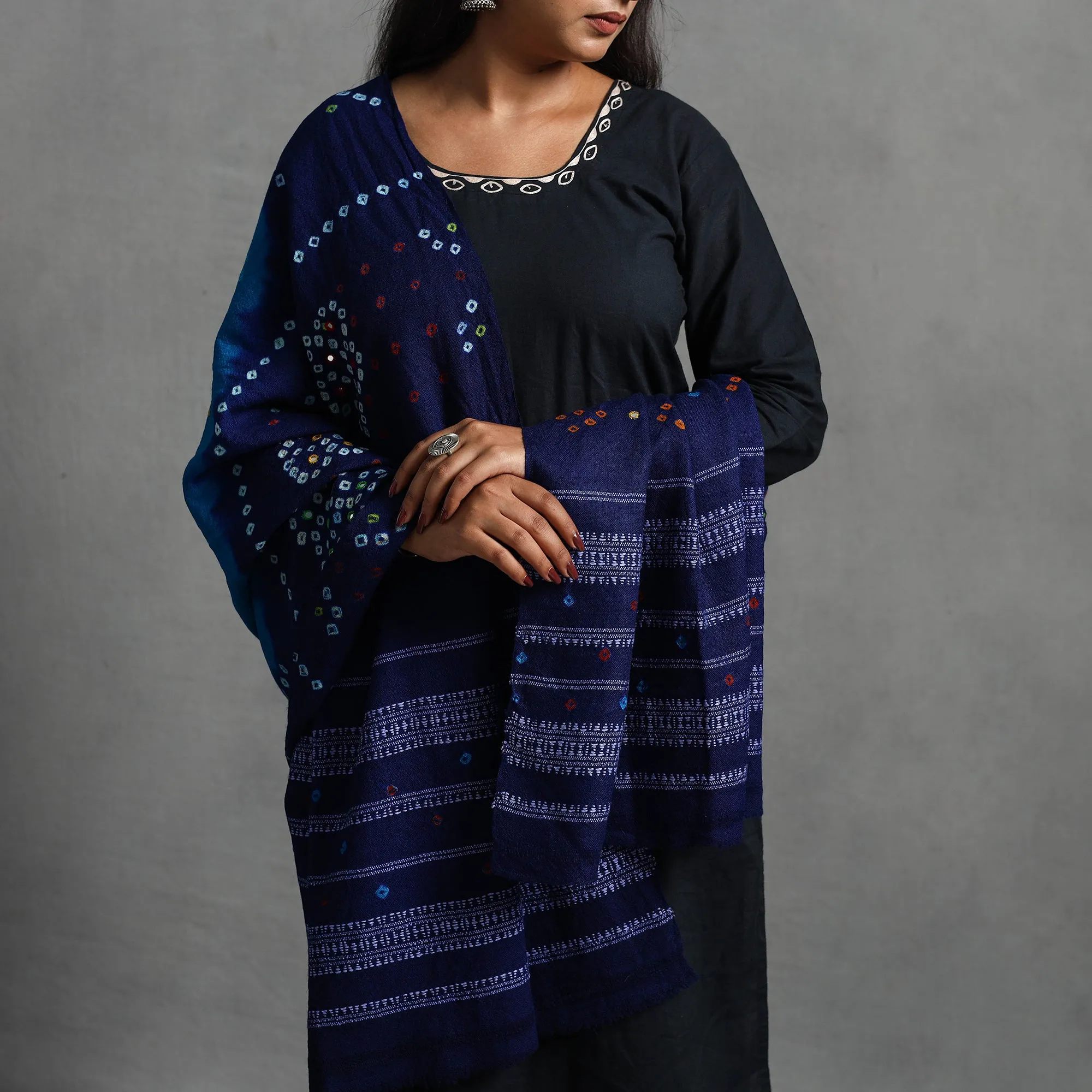 Blue - Kutch Mirror Work Handwoven Bandhani Bagida Woolen Shawl 04