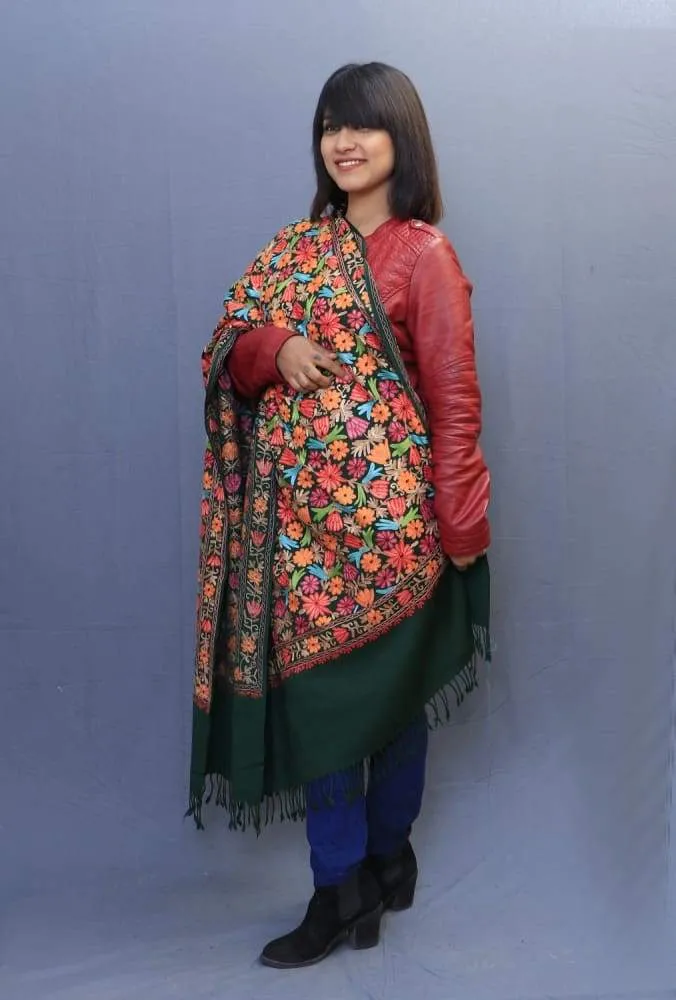 Bottle Green Color Kashmiri Work Embroidered Shawl Enriched With Four Sided Running Jaal Pattern