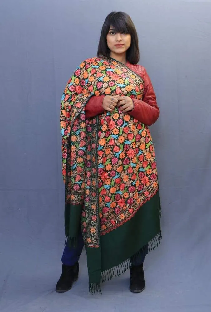 Bottle Green Color Kashmiri Work Embroidered Shawl Enriched With Four Sided Running Jaal Pattern