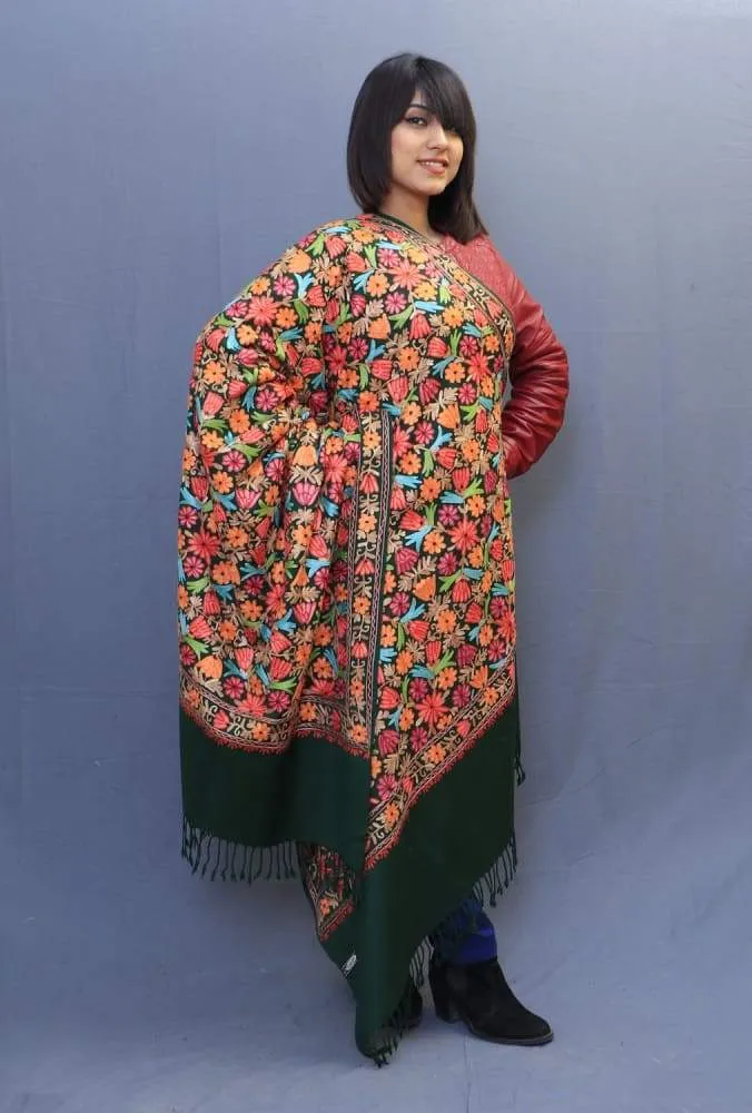 Bottle Green Color Kashmiri Work Embroidered Shawl Enriched With Four Sided Running Jaal Pattern