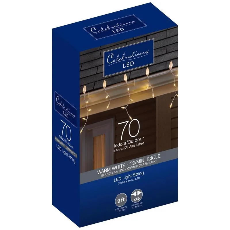 Celebrations C9/Mini Icicle LED C9 Warm White 70 ct Icicle Christmas Lights 9 ft.