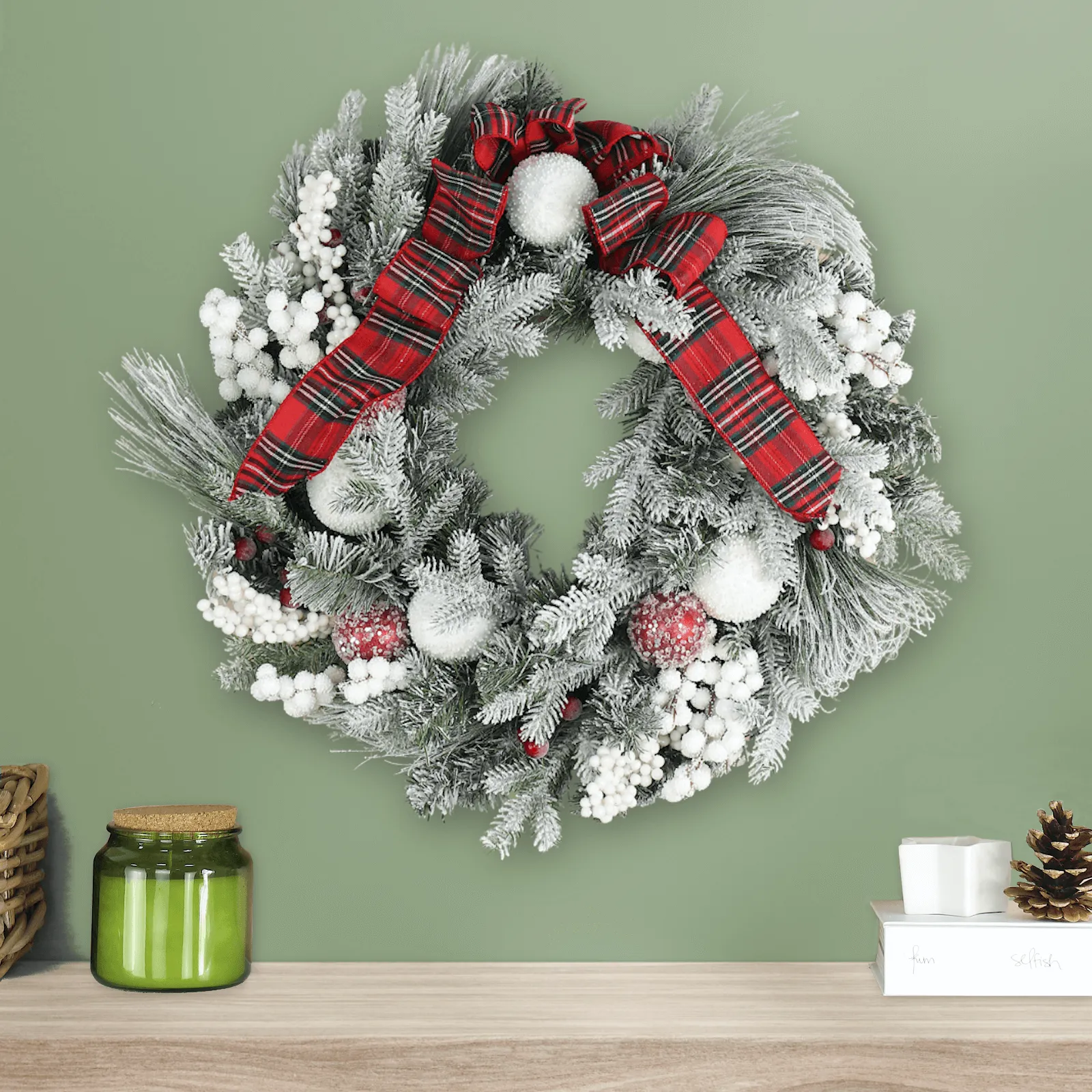 Christmas Wreath Red White Baubles Berries Tartan Snow 60cm