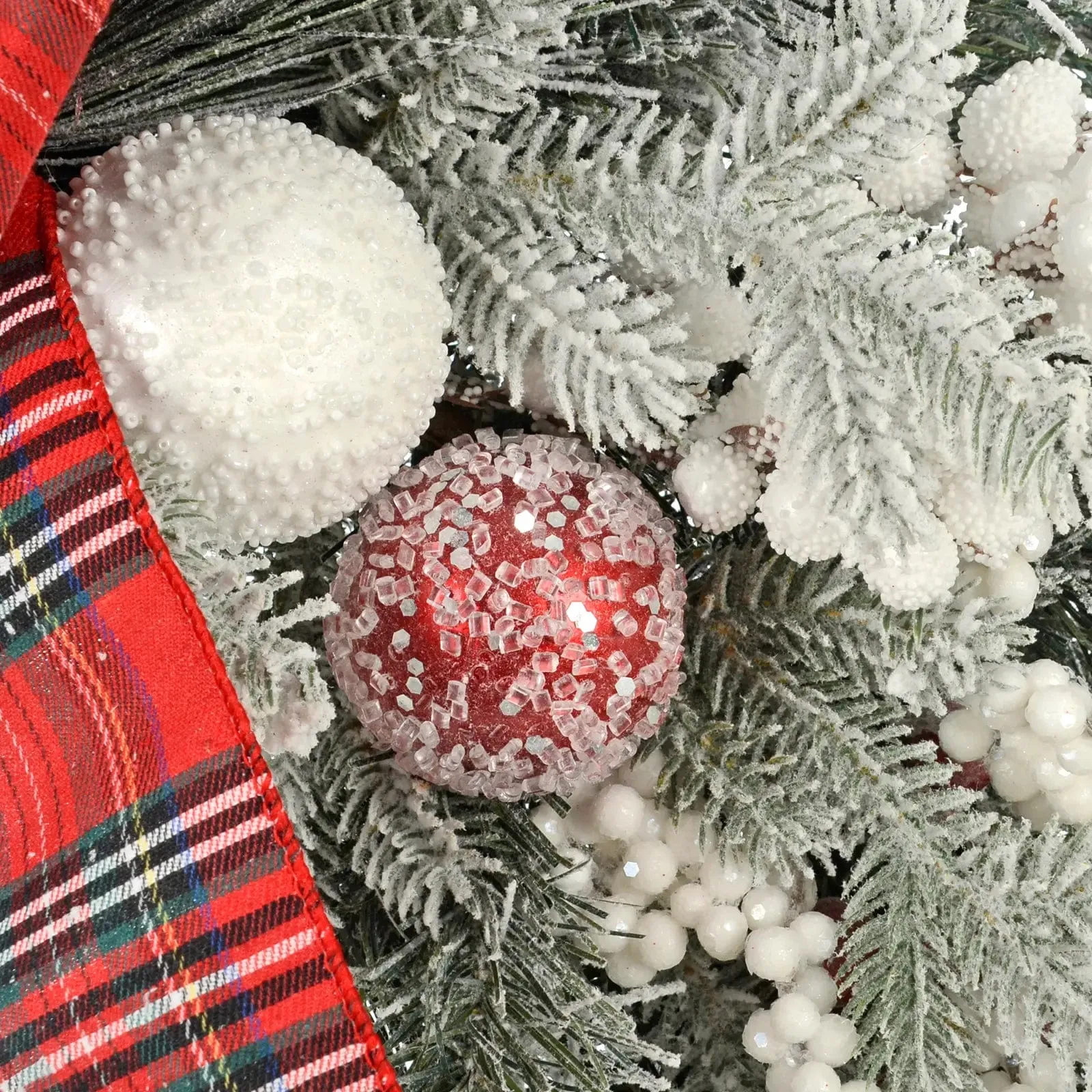 Christmas Wreath Red White Baubles Berries Tartan Snow 60cm