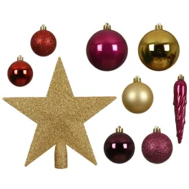 Decoris Shatterproof Bauble Set of 33 Pieces with Star Tree Topper - Ligh Gold, Pomegranate and Red