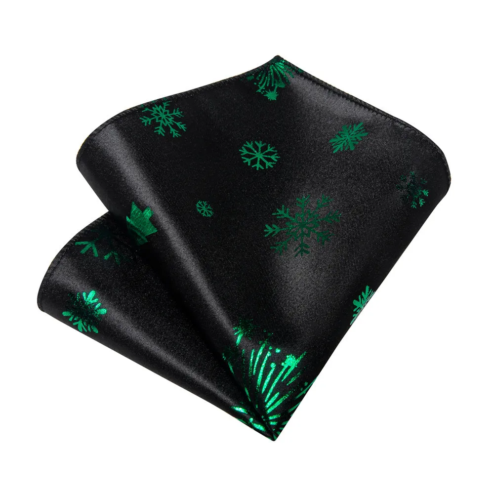 DiBanGu Black Green Snow Christmas Necktie Pocket Square Cufflinks Set