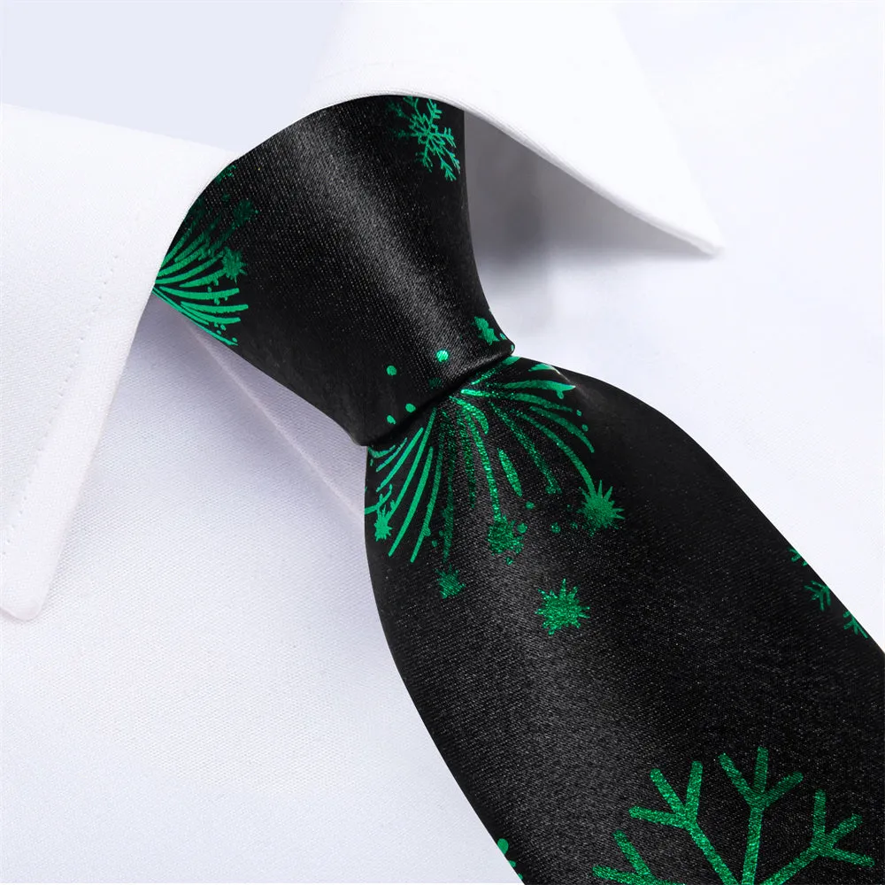 DiBanGu Black Green Snow Christmas Necktie Pocket Square Cufflinks Set