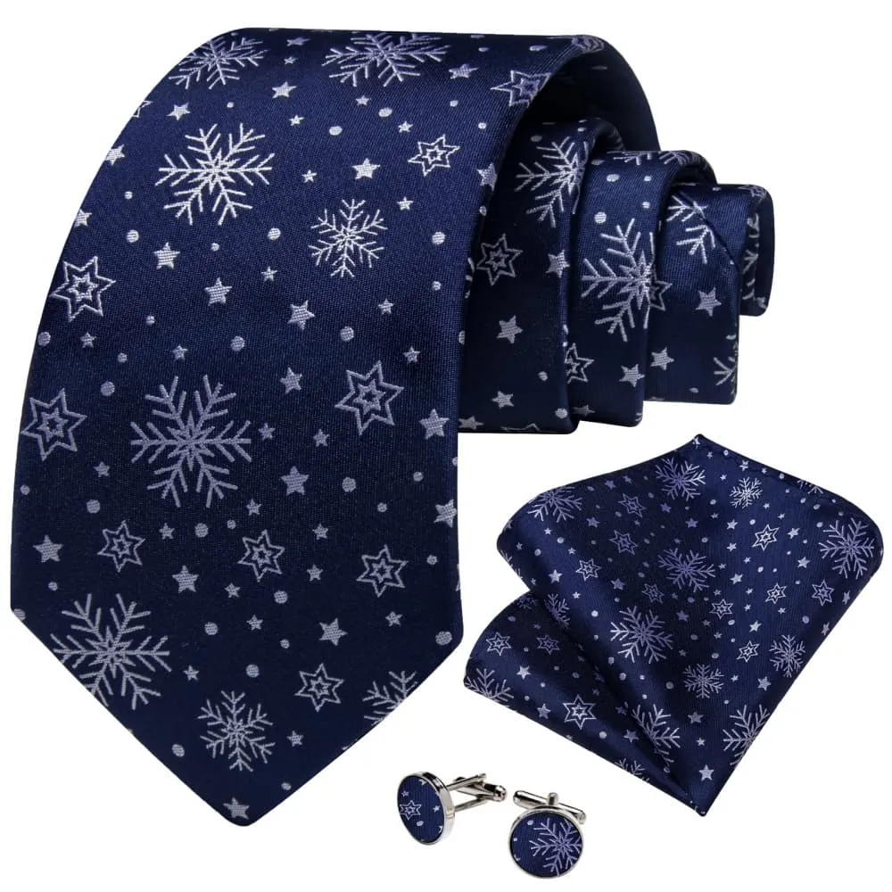 DiBanGu Blue White Christmas Snowflake Necktie Pocket Square Cufflinks Set