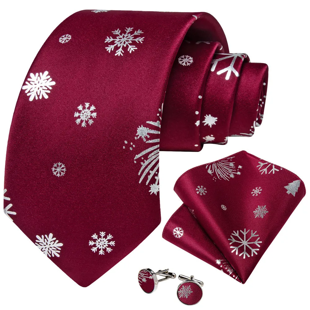 DiBanGu Christmas Silk Dark Red White Snow Necktie Pocket Square Cufflinks Set