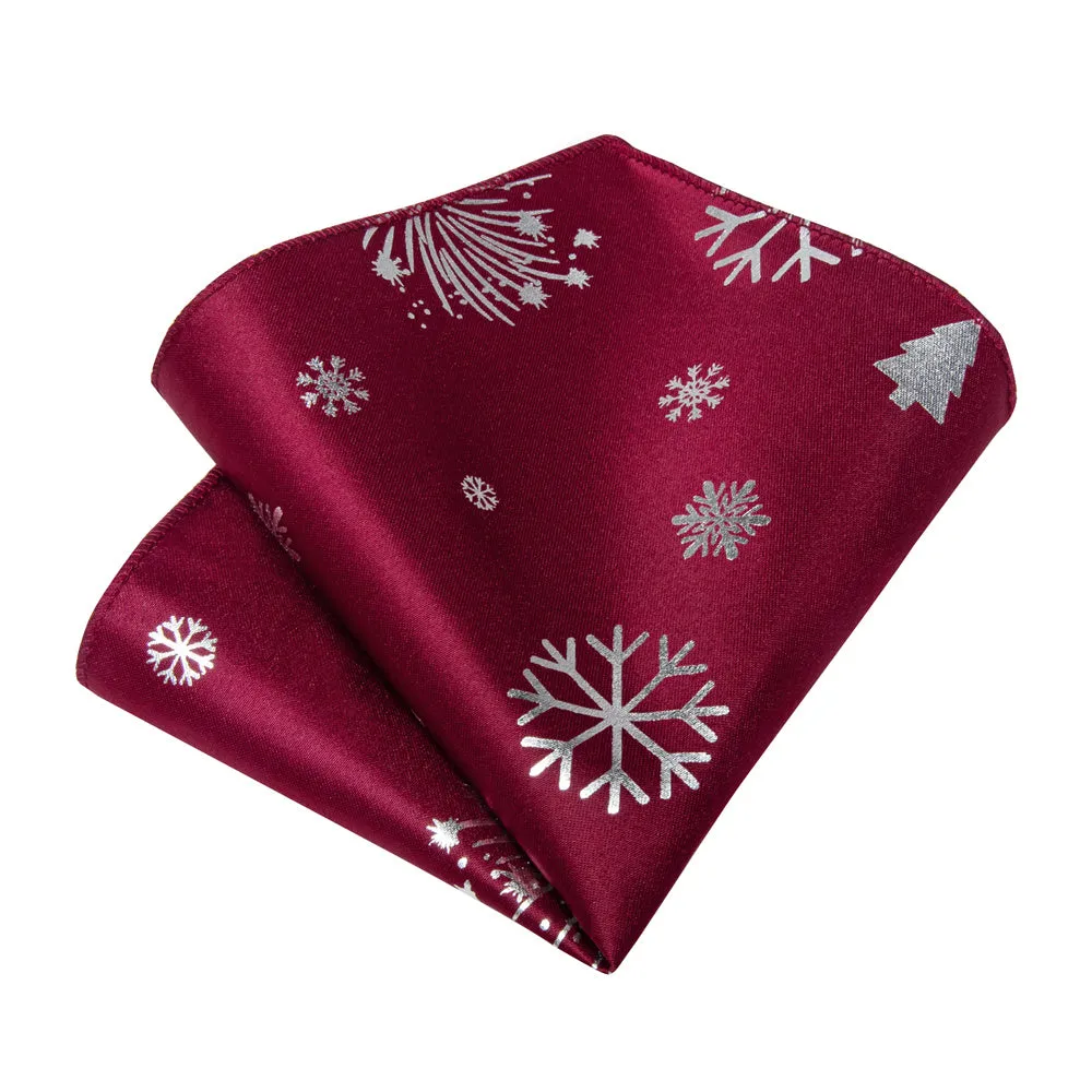 DiBanGu Christmas Silk Dark Red White Snow Necktie Pocket Square Cufflinks Set