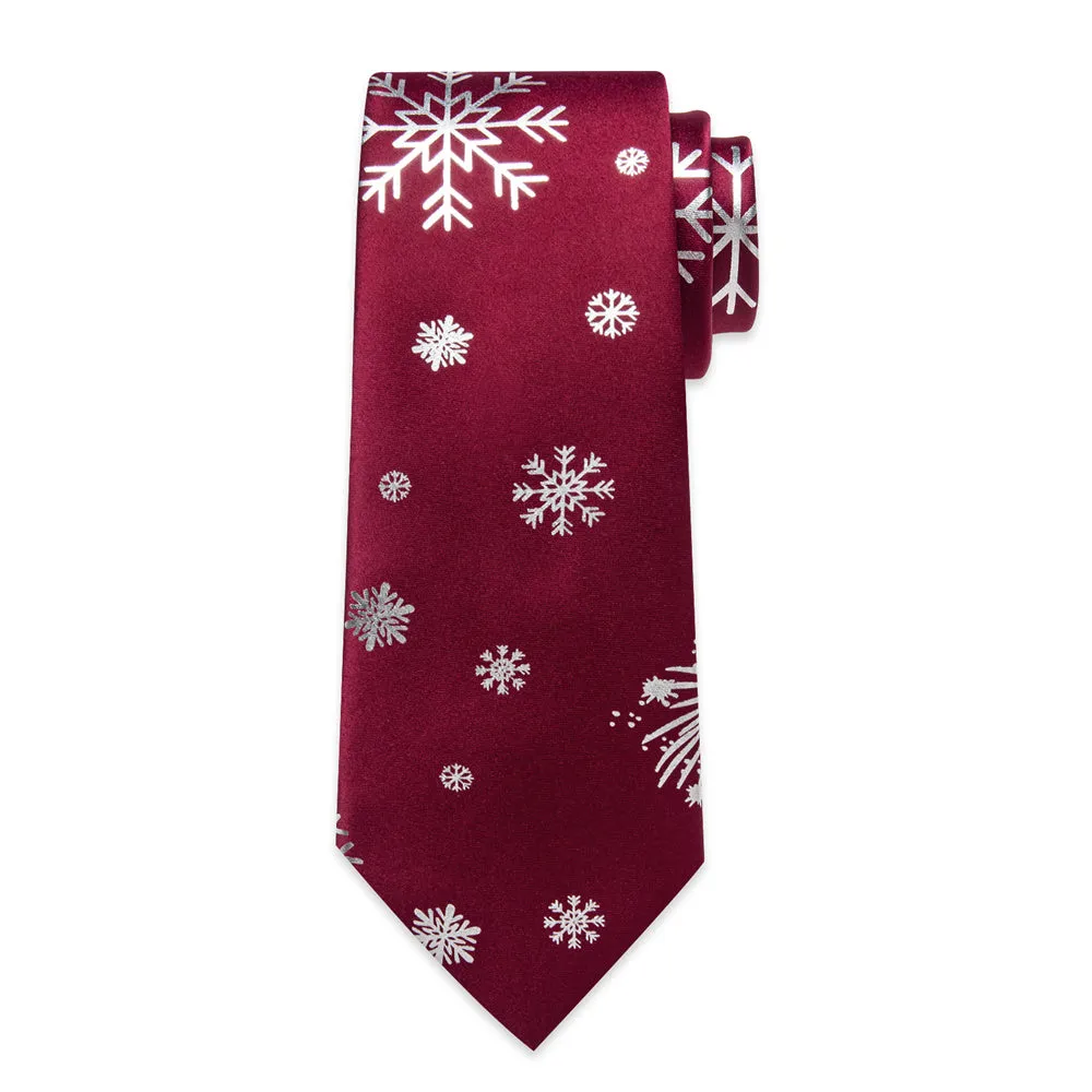 DiBanGu Christmas Silk Dark Red White Snow Necktie Pocket Square Cufflinks Set