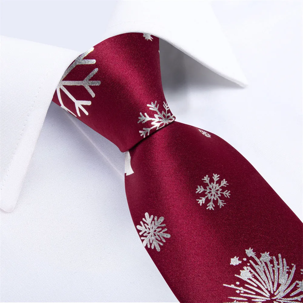 DiBanGu Christmas Silk Dark Red White Snow Necktie Pocket Square Cufflinks Set