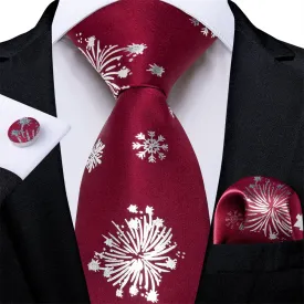 DiBanGu Christmas Silk Dark Red White Snow Necktie Pocket Square Cufflinks Set