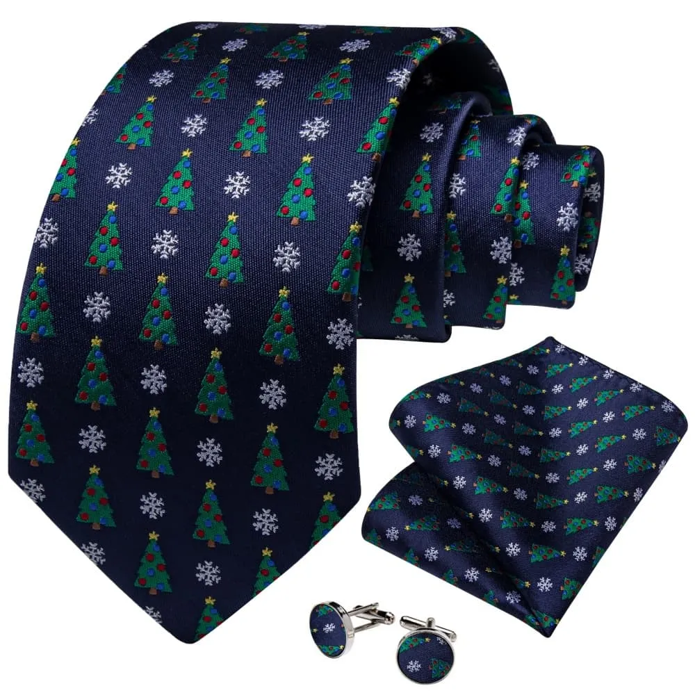 DiBanGu Dark Blue Christmas Tree Snowflake Necktie Pocket Square Cufflinks Set