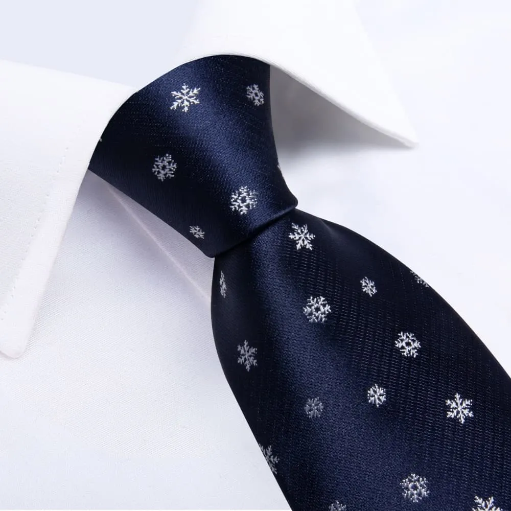 DiBanGu Dark Blue White Christmas Snowflake Necktie Pocket Square Cufflinks Set