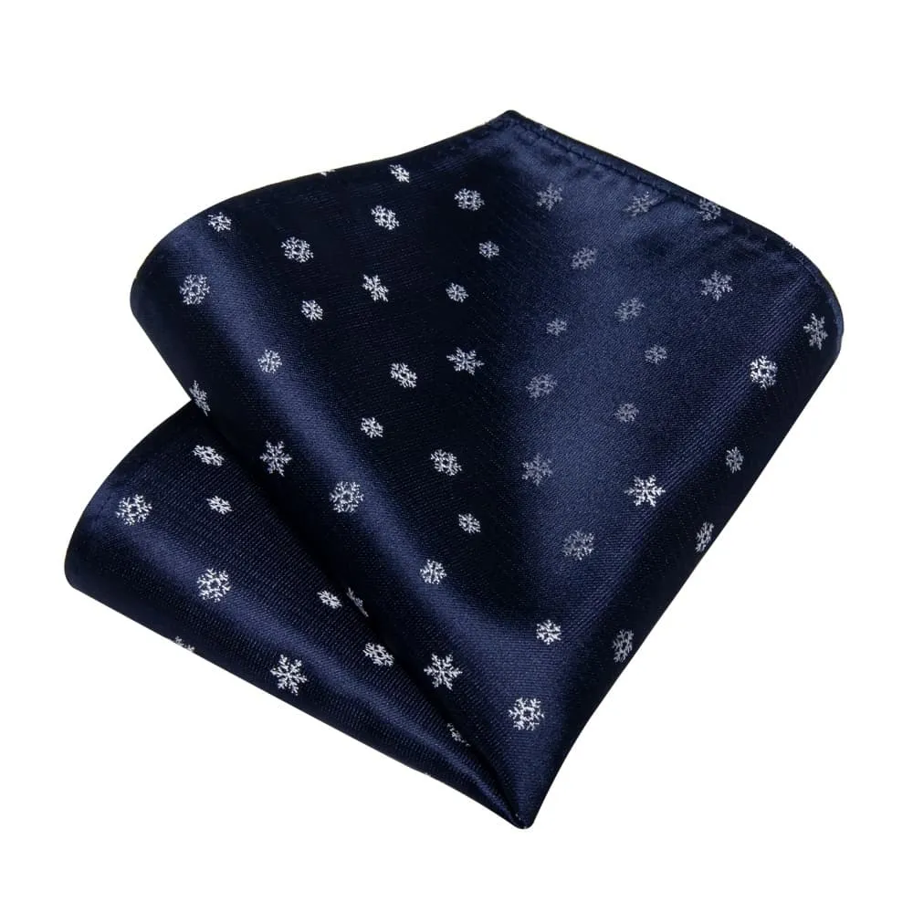 DiBanGu Dark Blue White Christmas Snowflake Necktie Pocket Square Cufflinks Set