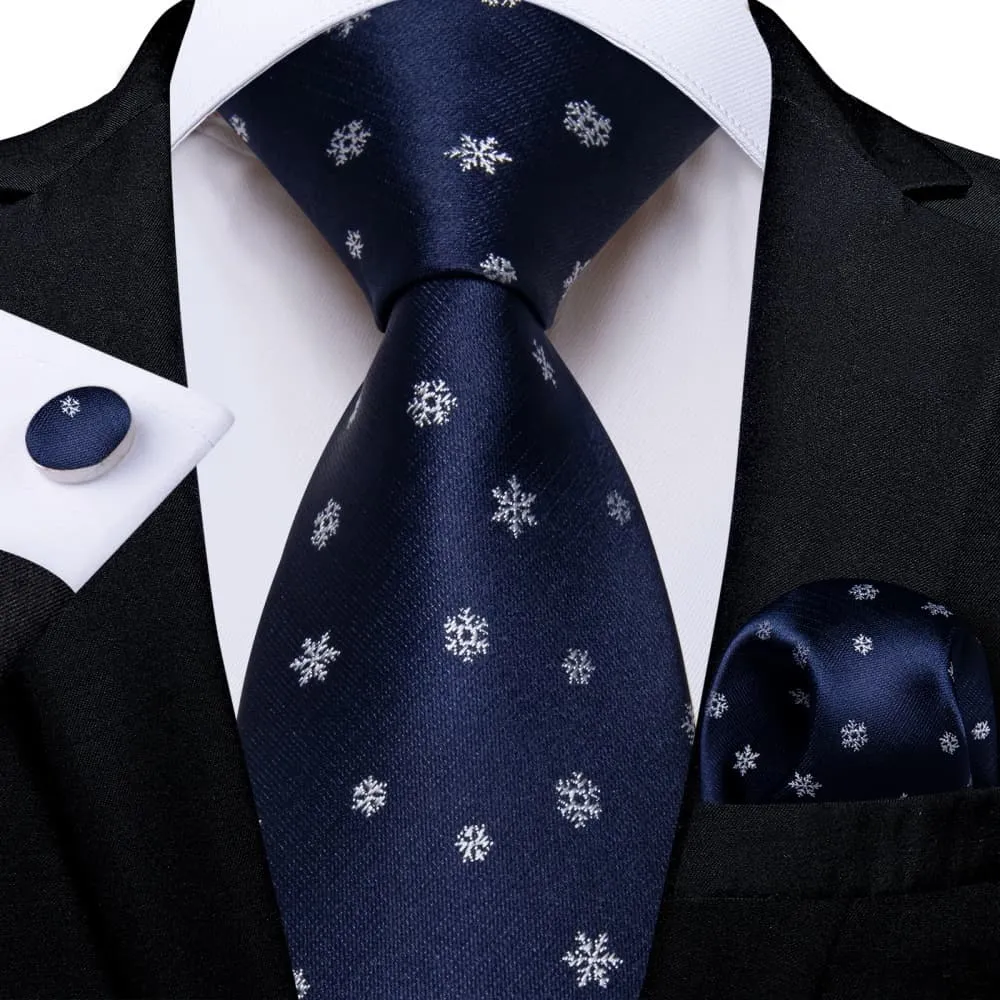 DiBanGu Dark Blue White Christmas Snowflake Necktie Pocket Square Cufflinks Set