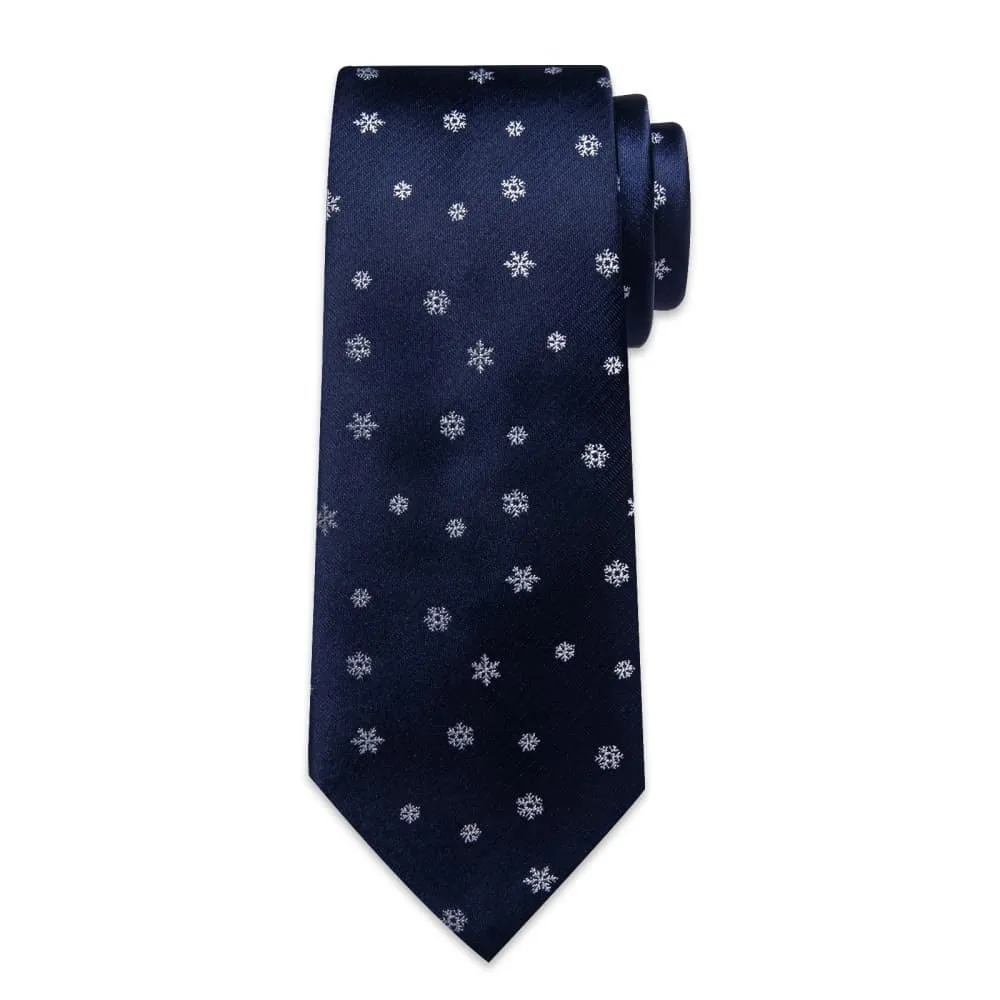 DiBanGu Dark Blue White Christmas Snowflake Necktie Pocket Square Cufflinks Set