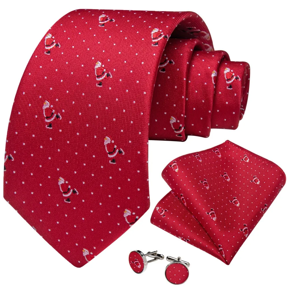 DiBanGu Red Christmas Santa Claus Polk Dot Necktie Pocket Square Cufflinks Set