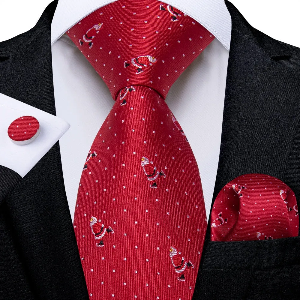 DiBanGu Red Christmas Santa Claus Polk Dot Necktie Pocket Square Cufflinks Set