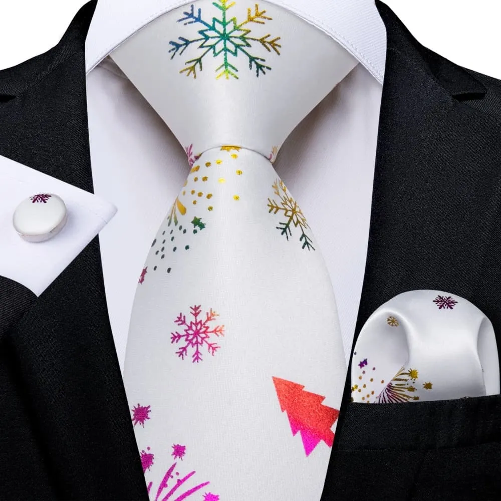 DiBanGu White Christmas Snowflake Necktie Pocket Square Cufflinks Set