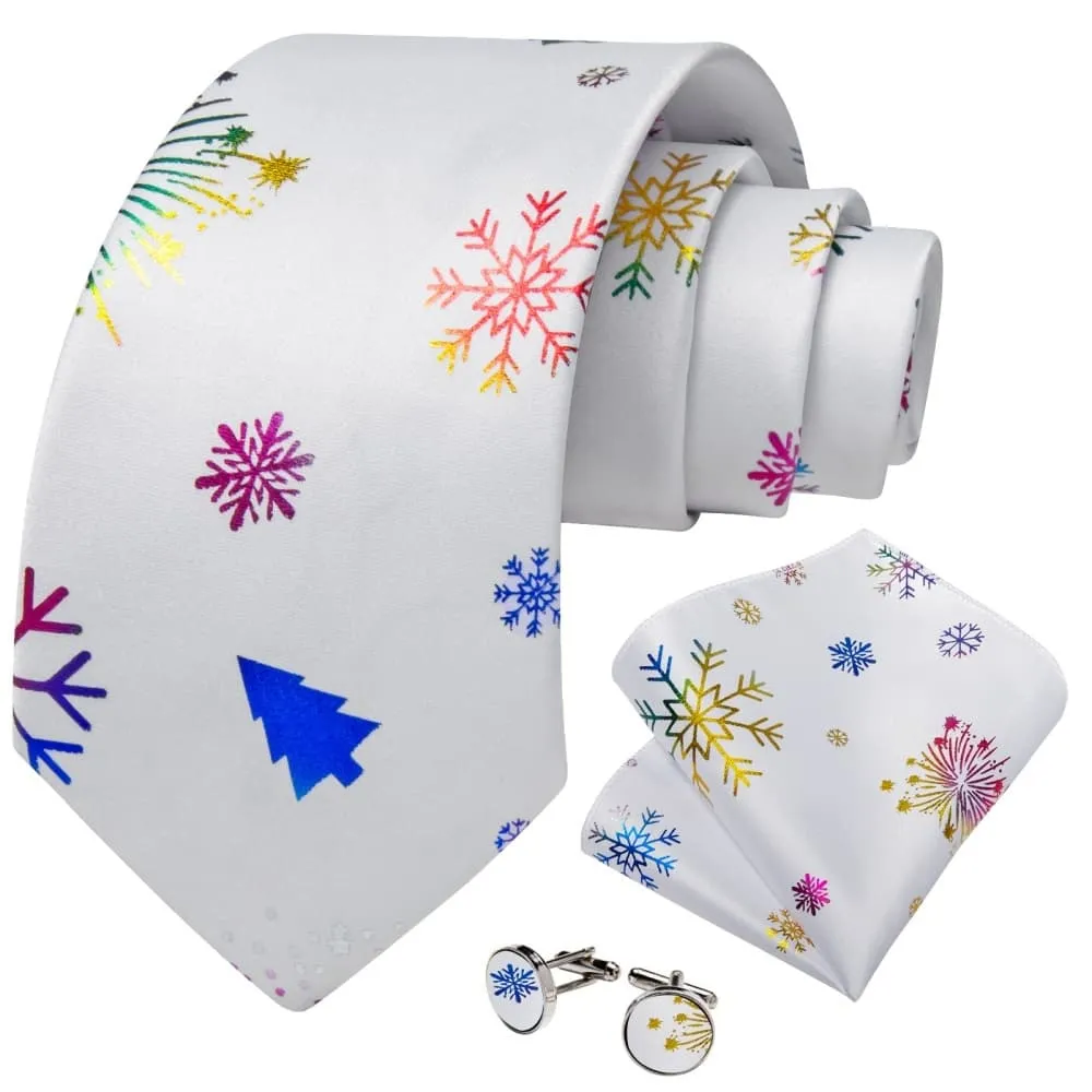 DiBanGu White Christmas Snowflake Necktie Pocket Square Cufflinks Set