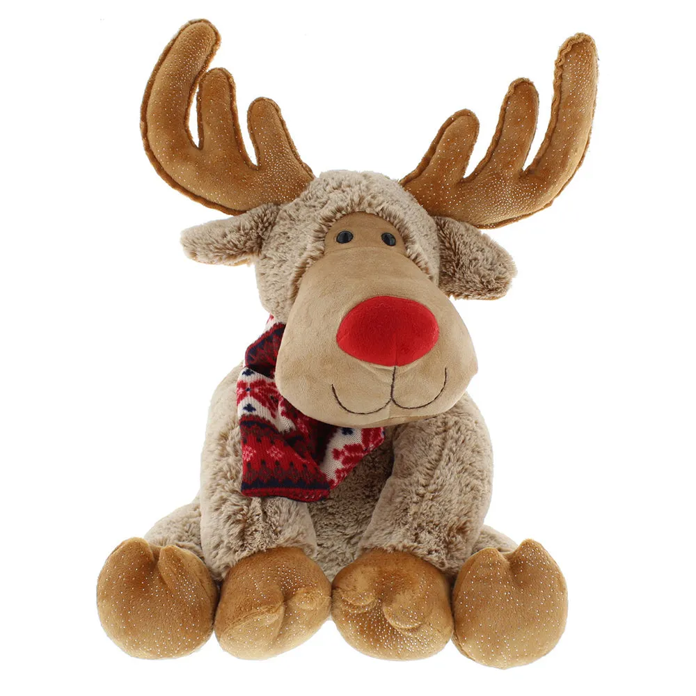 Festive Plush Light Brown Reindeer with Red Scarf