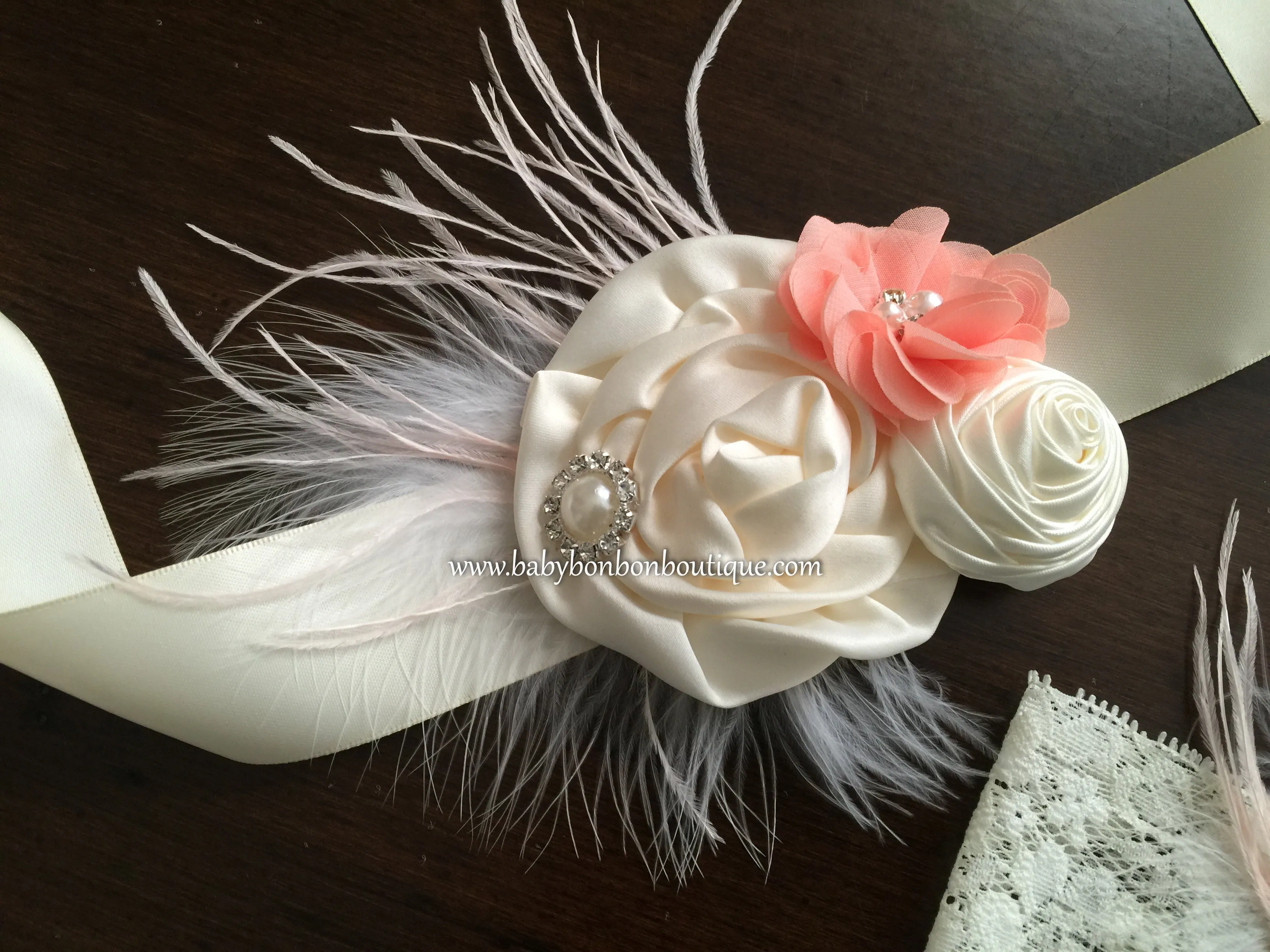 French Ivory and Coral Shimmer Headband & Sash Set